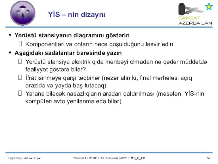 Təqdimatçı: Ad və Soyad “CanSat Az 2018” YHS: Komanda №2253 MS_U_FO YİS