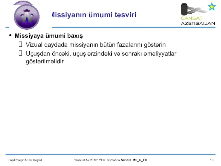 Təqdimatçı: Ad və Soyad “CanSat Az 2018” YHS: Komanda №2253 MS_U_FO Missiyanın