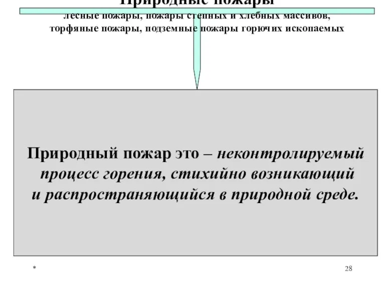 * Природные пожары лесные пожары, пожары степных и хлебных массивов, торфяные пожары,