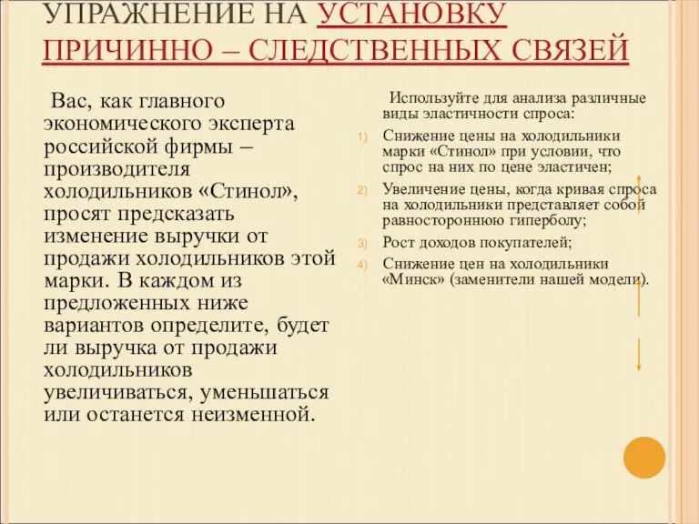 УПРАЖНЕНИЕ НА УСТАНОВКУ ПРИЧИННО – СЛЕДСТВЕННЫХ СВЯЗЕЙ Вас, как главного экономического эксперта