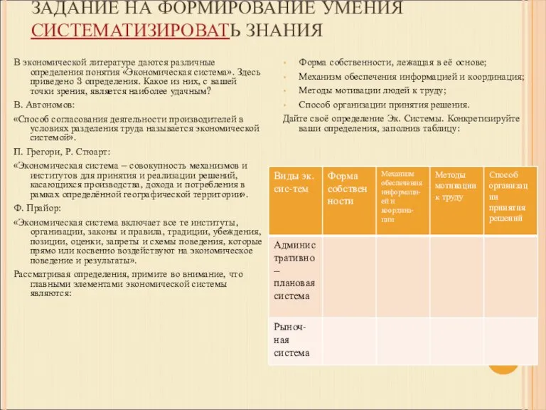 ЗАДАНИЕ НА ФОРМИРОВАНИЕ УМЕНИЯ СИСТЕМАТИЗИРОВАТЬ ЗНАНИЯ В экономической литературе даются различные определения