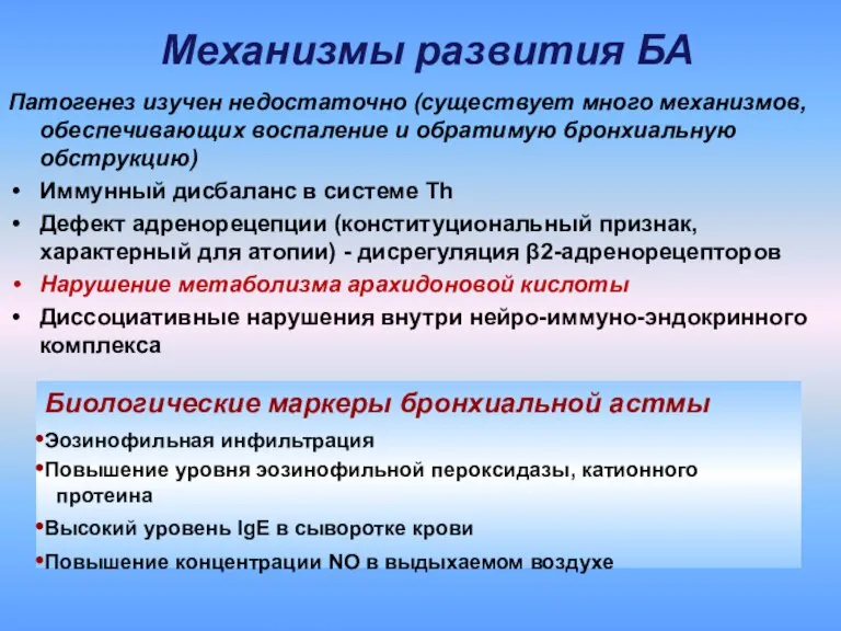 Механизмы развития БА Патогенез изучен недостаточно (существует много механизмов, обеспечивающих воспаление и