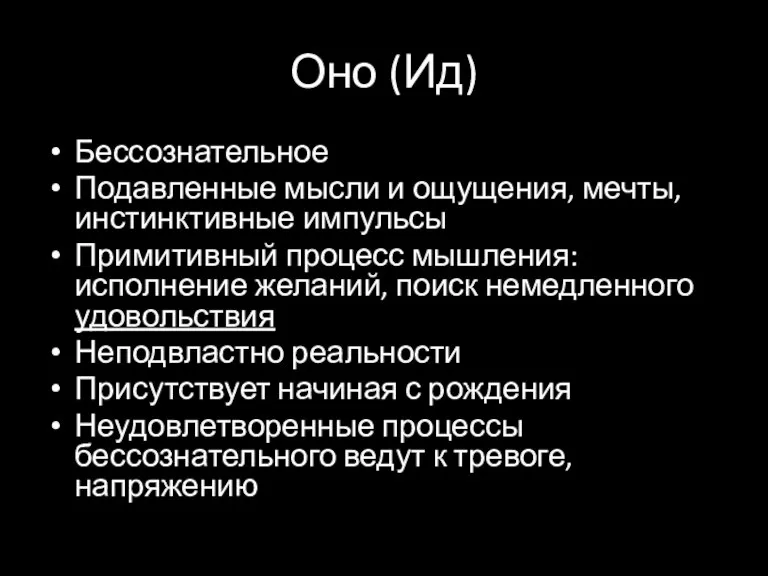 Оно (Ид) Бессознательное Подавленные мысли и ощущения, мечты, инстинктивные импульсы Примитивный процесс