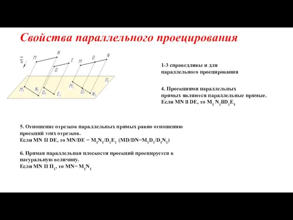 Свойства параллельного проецирования 1-3 справедливы и для параллельного проецирования 4. Проекциями параллельных