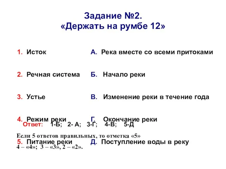 Задание №2. «Держать на румбе 12» Ответ: 1-Б; 2- А; 3-Г; 4-В;