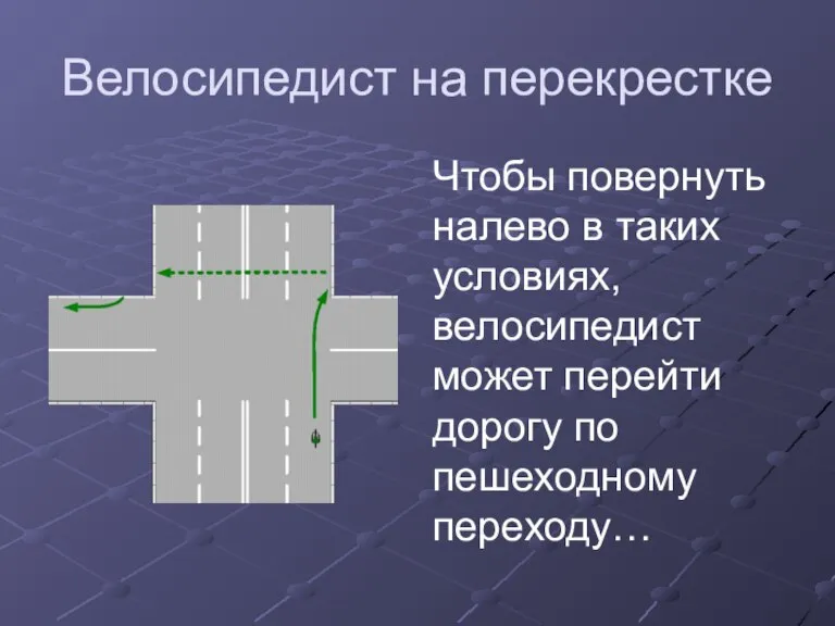 Велосипедист на перекрестке Чтобы повернуть налево в таких условиях, велосипедист может перейти дорогу по пешеходному переходу…