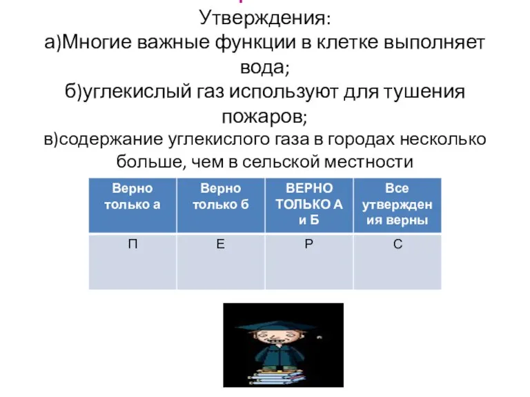 Вопрос № 2 Утверждения: а)Многие важные функции в клетке выполняет вода; б)углекислый