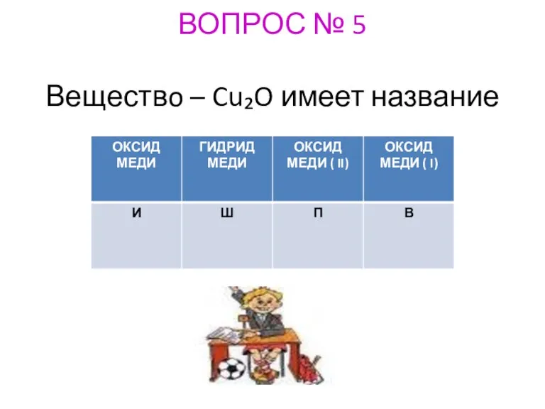 ВОПРОС № 5 Веществo – Cu₂O имеет название