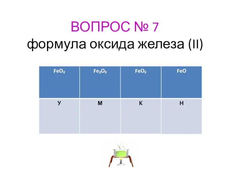 ВОПРОС № 7 формула оксида железа (II)