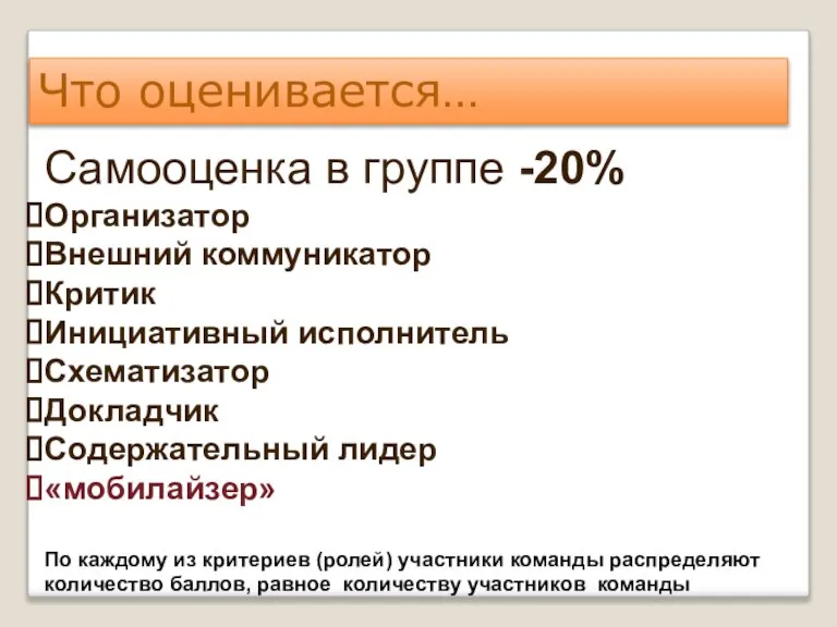 Что оценивается… Самооценка в группе -20% Организатор Внешний коммуникатор Критик Инициативный исполнитель