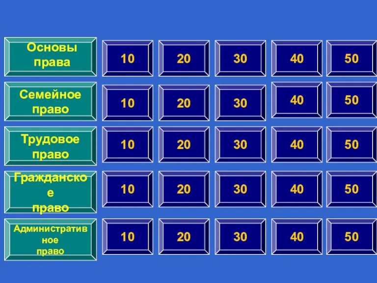 10 Семейное право Гражданское право Административное право Основы права 20 30 40