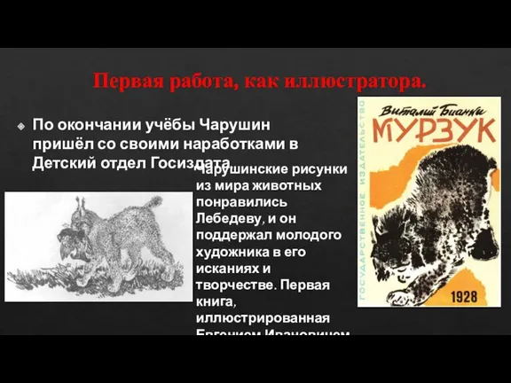 Первая работа, как иллюстратора. По окончании учёбы Чарушин пришёл со своими наработками