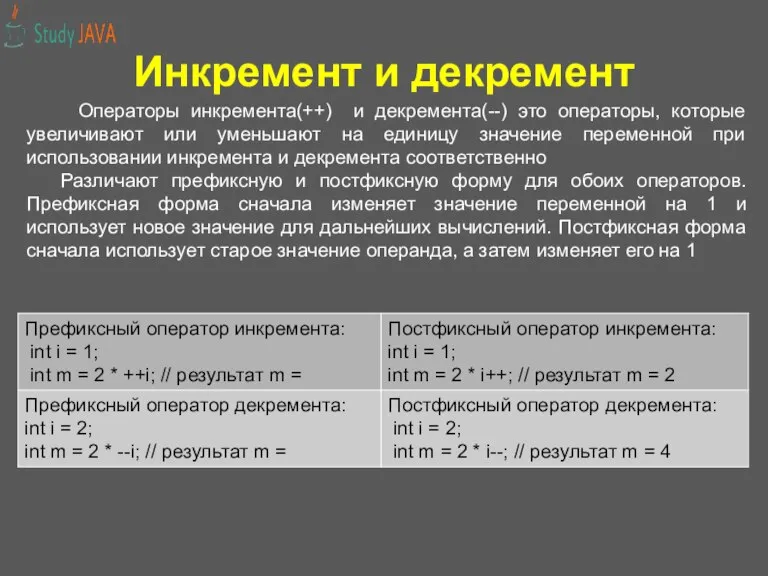 Инкремент и декремент Операторы инкремента(++) и декремента(--) это операторы, которые увеличивают или