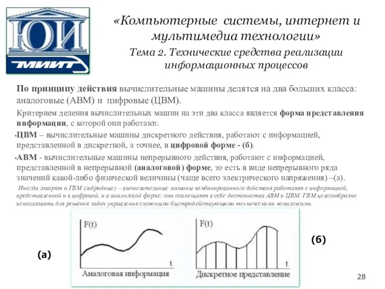 По принципу действия вычислительные машины делятся на два больших класса: аналоговые (АВМ)