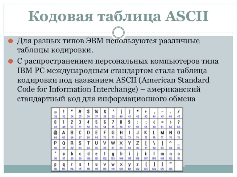 Кодовая таблица ASCII Для разных типов ЭВМ используются различные таблицы кодировки. С