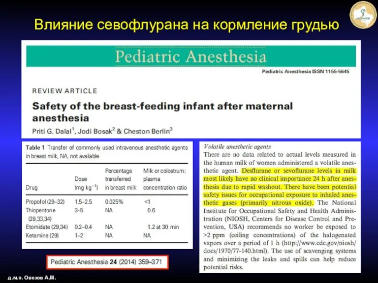 д.м.н. Овезов А.М. Влияние севофлурана на кормление грудью