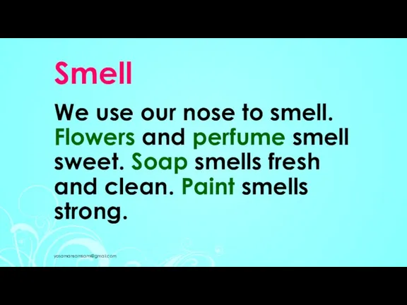 Smell We use our nose to smell. Flowers and perfume smell sweet.