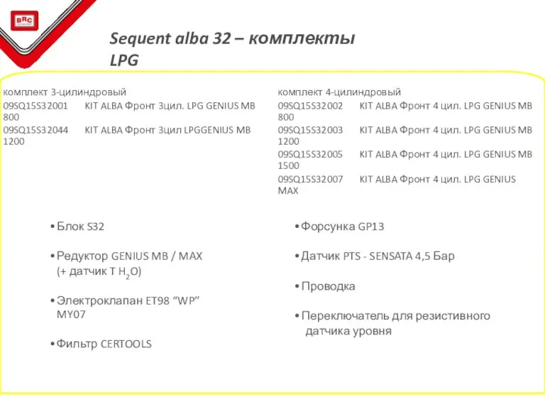 Sequent alba 32 – комплекты LPG комплект 3-цилиндровый 09SQ15S32001 KIT ALBA Фронт