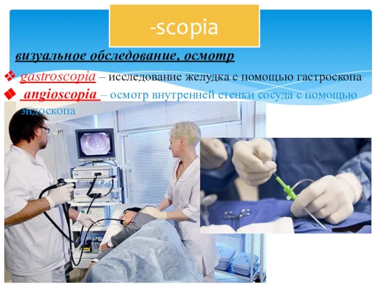 -scopia визуальное обследование, осмотр gastroscopia – исследование желудка с помощью гастроскопа angioscopia