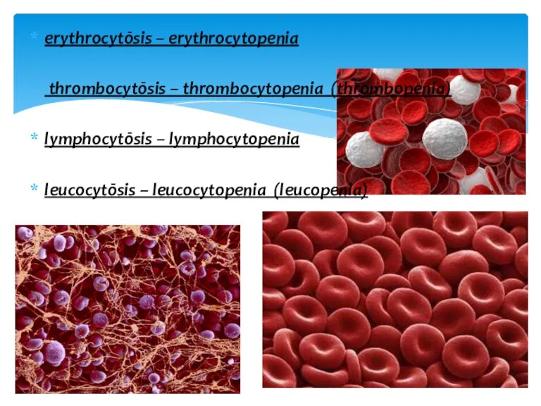 erythrocytōsis – erythrocytopenia thrombocytōsis – thrombocytopenia (thrombopenia) lymphocytōsis – lymphocytopenia leucocytōsis – leuсocytopenia (leucopenia)