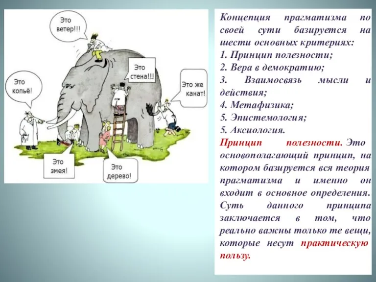 Концепция прагматизма по своей сути базируется на шести основных критериях: 1. Принцип