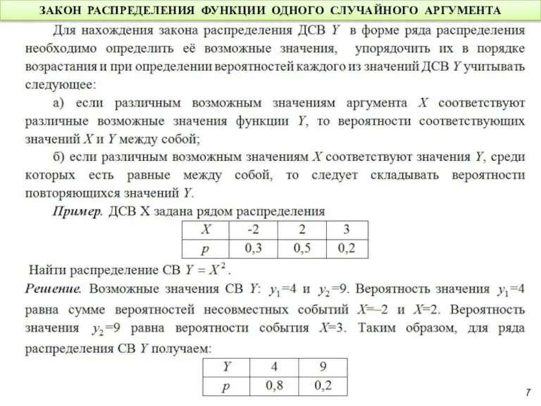 ЗАКОН РАСПРЕДЕЛЕНИЯ ФУНКЦИИ ОДНОГО СЛУЧАЙНОГО АРГУМЕНТА