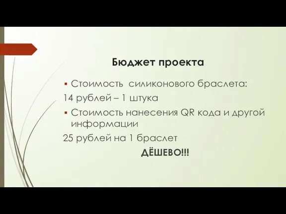 Бюджет проекта Стоимость силиконового браслета: 14 рублей – 1 штука Стоимость нанесения