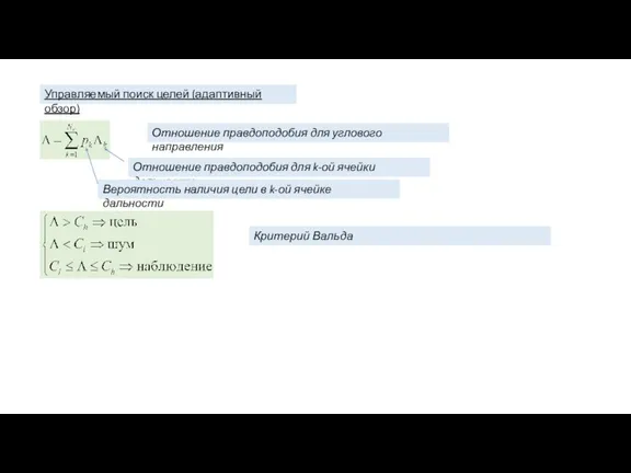 Управляемый поиск целей (адаптивный обзор) Отношение правдоподобия для углового направления Отношение правдоподобия