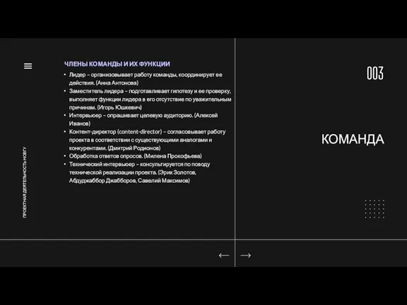 003 КОМАНДА ПРОЕКТНАЯ ДЕЯТЕЛЬНОСТЬ НОВГУ Лидер – организовывает работу команды, координирует ее