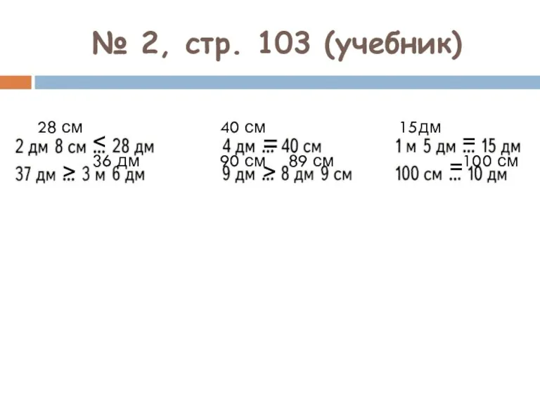 № 2, стр. 103 (учебник) 28 см > 36 дм 40 см