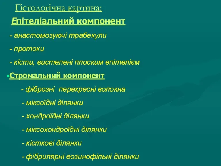 Гістологічна картина: Епітеліальний компонент - анастомозуючі трабекули - протоки - кісти, вистелені