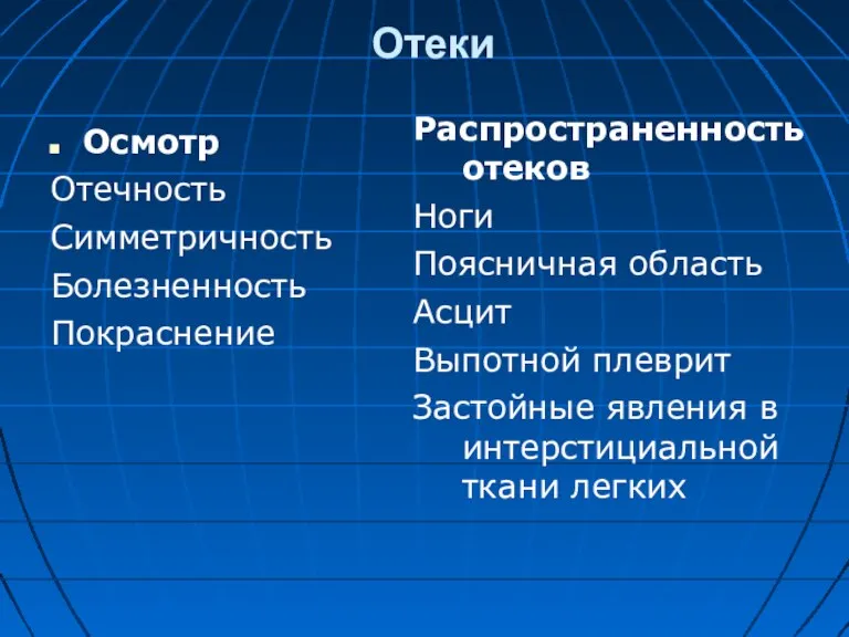 Отеки Осмотр Отечность Симметричность Болезненность Покраснение Распространенность отеков Ноги Поясничная область Асцит