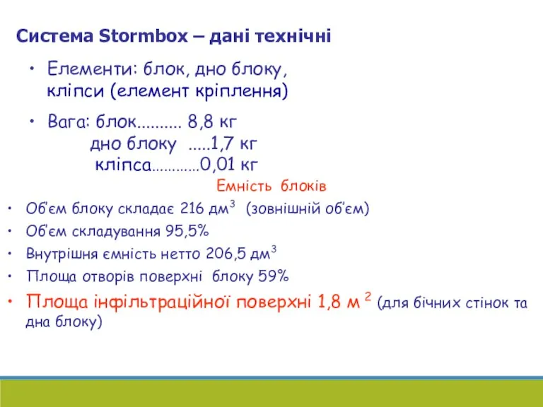 Система Stormbox – дані технічні Емність блоків Об’єм блоку складає 216 дм3