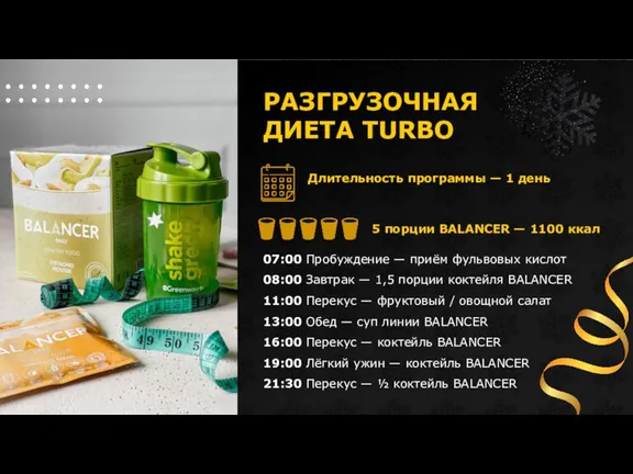 РАЗГРУЗОЧНАЯ ДИЕТА TURBO Длительность программы — 1 день 5 порции BALANCER —