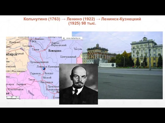 Кольчугино (1763) → Ленино (1922) → Ленинск-Кузнецкий (1925) 98 тыс.