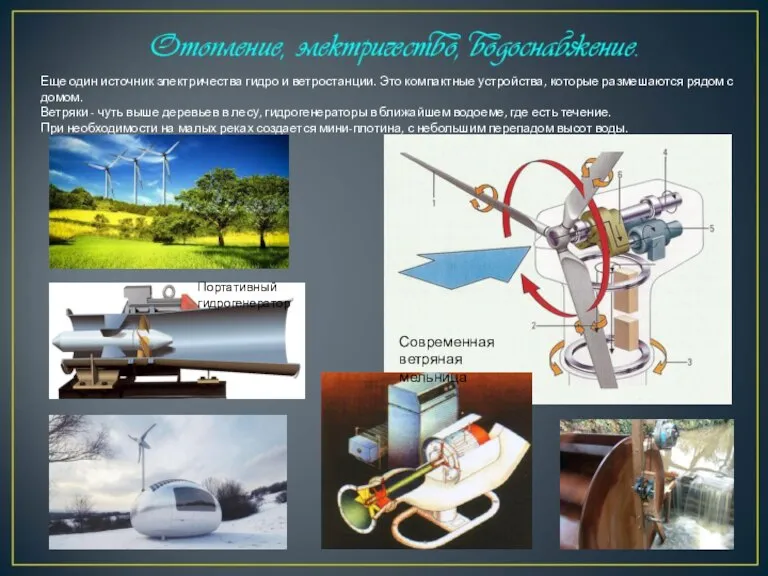 Еще один источник электричества гидро и ветростанции. Это компактные устройства, которые размешаются