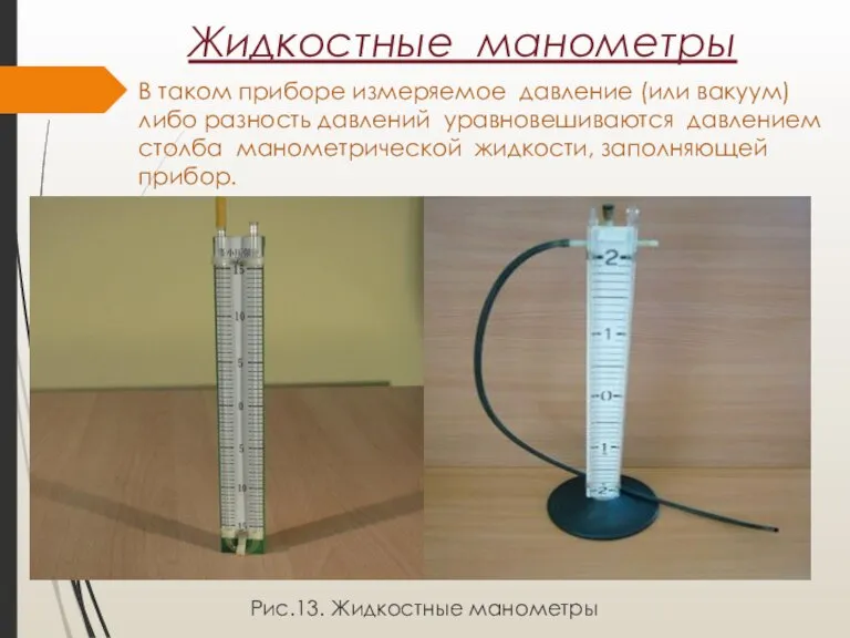 Жидкостные манометры В таком приборе измеряемое давление (или вакуум) либо разность давлений