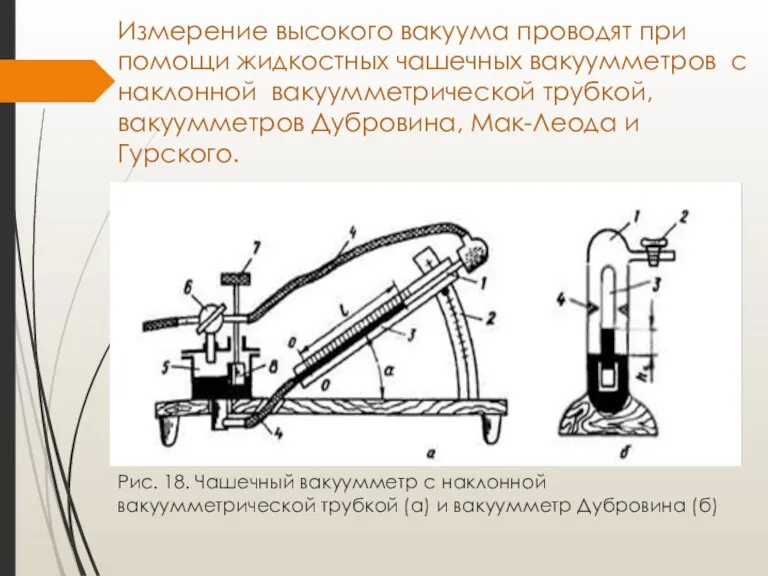 Измерение высокого вакуума проводят при помощи жидкостных чашечных вакуумметров с наклонной вакуумметрической