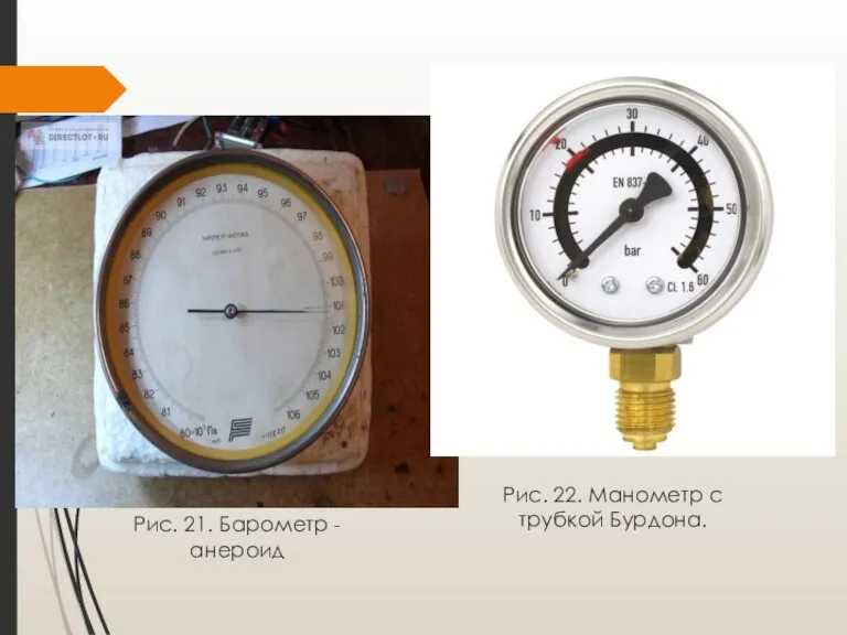 Рис. 21. Барометр - анероид Рис. 22. Манометр с трубкой Бурдона.
