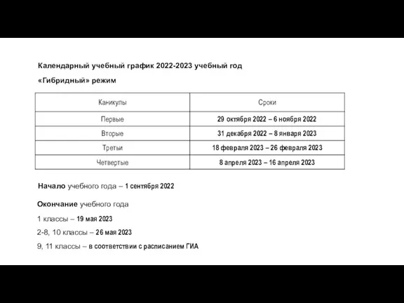 Календарный учебный график 2022-2023 учебный год «Гибридный» режим Начало учебного года –