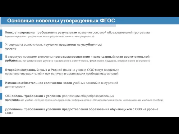 Основные новеллы утвержденных ФГОС Конкретизированы требования к результатам освоения основной образовательной программы