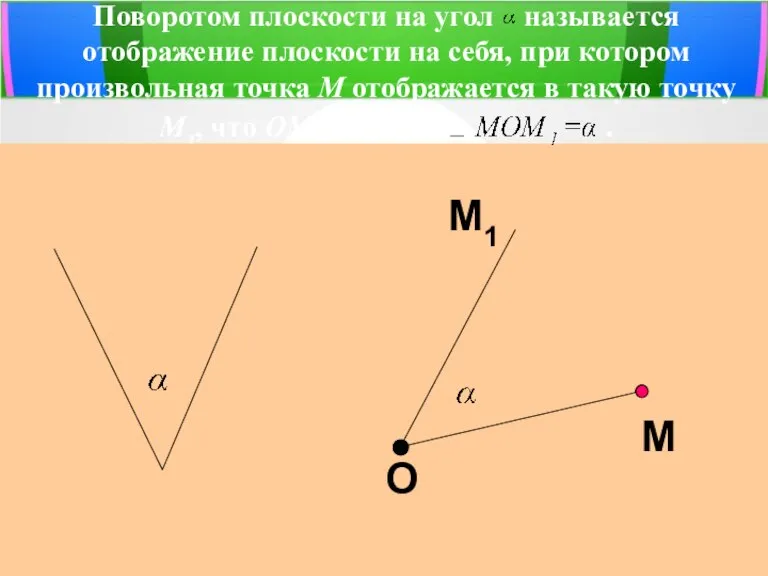 Поворотом плоскости на угол называется отображение плоскости на себя, при котором произвольная