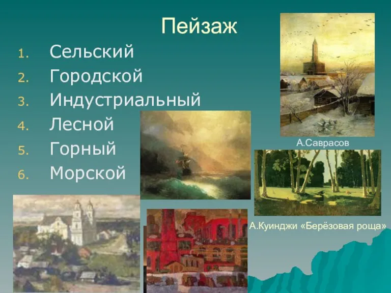 Пейзаж Сельский Городской Индустриальный Лесной Горный Морской А.Саврасов А.Куинджи «Берёзовая роща»