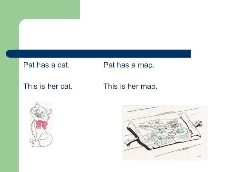 Pat has a cat. Pat has a map. This is her cat. This is her map.