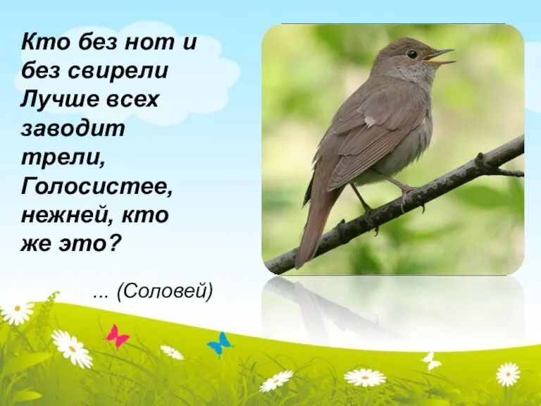 Кто без нот и без свирели Лучше всех заводит трели, Голосистее, нежней,