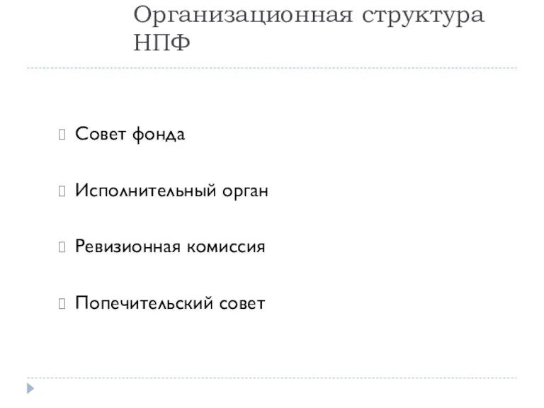 Организационная структура НПФ Совет фонда Исполнительный орган Ревизионная комиссия Попечительский совет