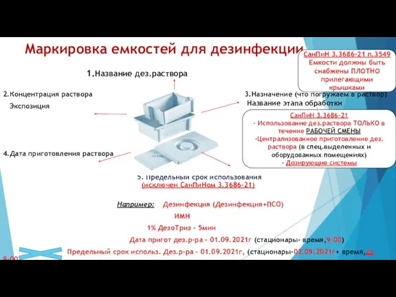 Маркировка емкостей для дезинфекции 2.Концентрация раствора 3.Назначение (что погружаем в раствор) Экспозиция