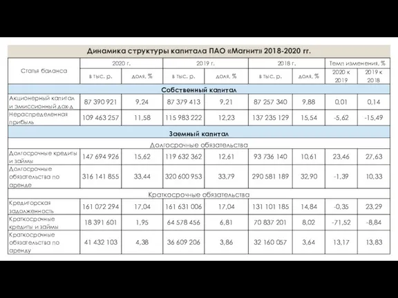 Динамика структуры капитала ПАО «Магнит» 2018-2020 гг.