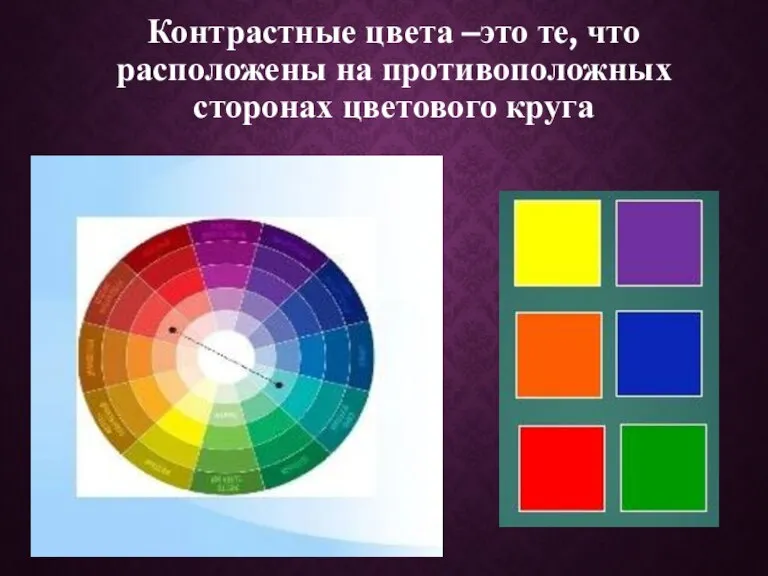 Контрастные цвета –это те, что расположены на противоположных сторонах цветового круга