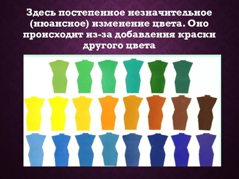 Здесь постепенное незначительное (нюансное) изменение цвета. Оно происходит из-за добавления краски другого цвета